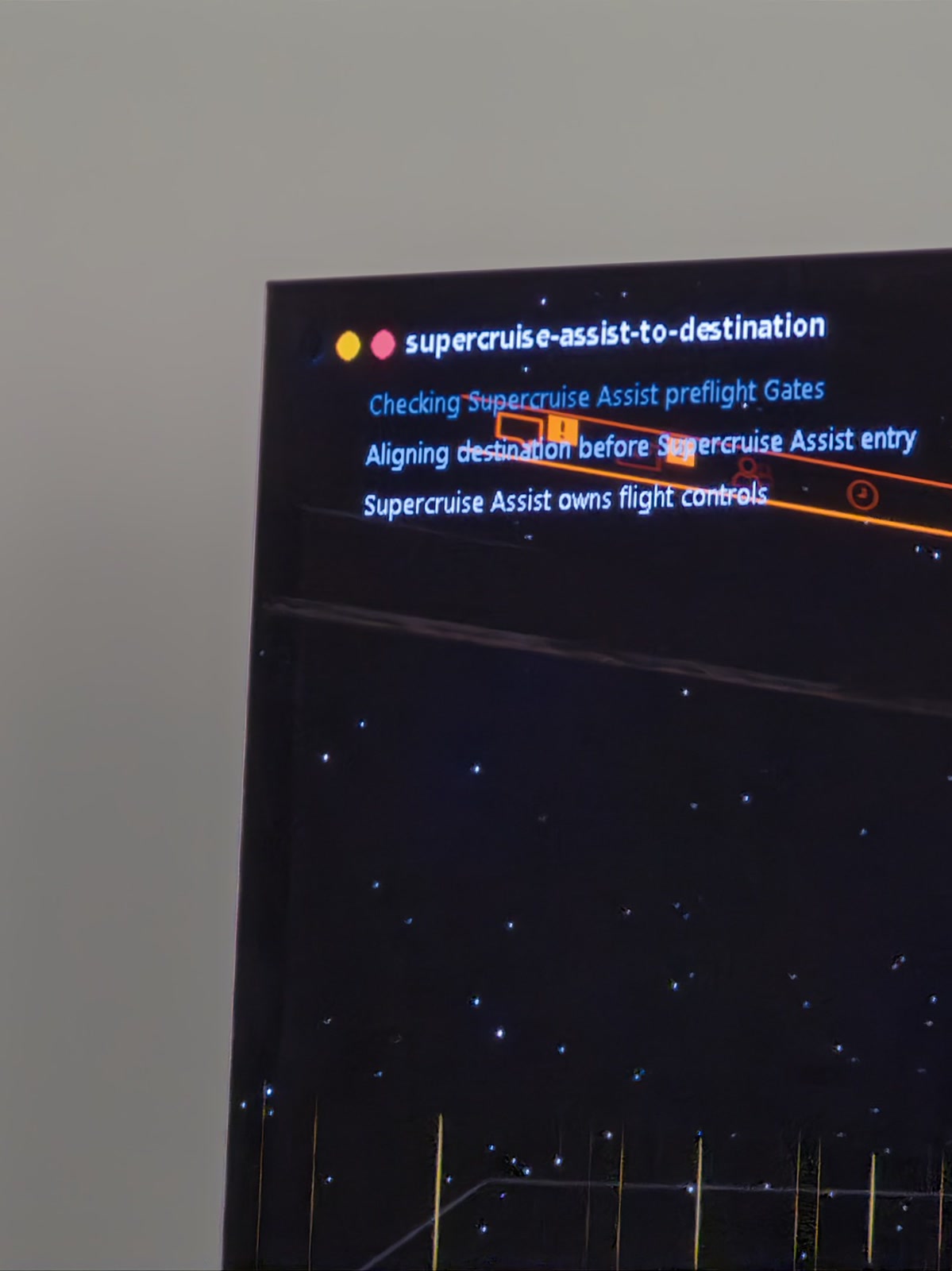 Close-up of the Action OSD overlay on Elite Dangerous during supercruise assist